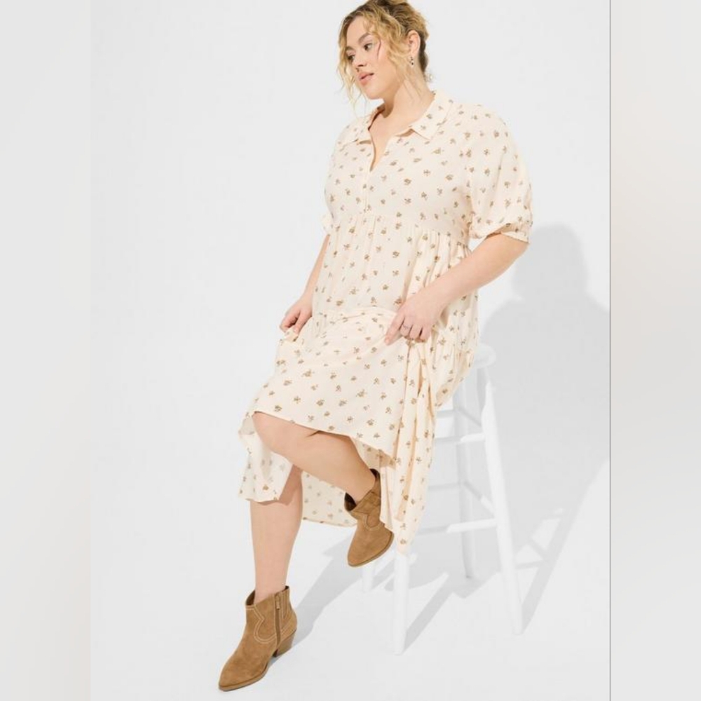 Maxi Washable Challis Hi-Low Tiered Shirtdress